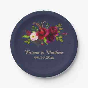Burgundy Floral on Navy Blue Paper Plate