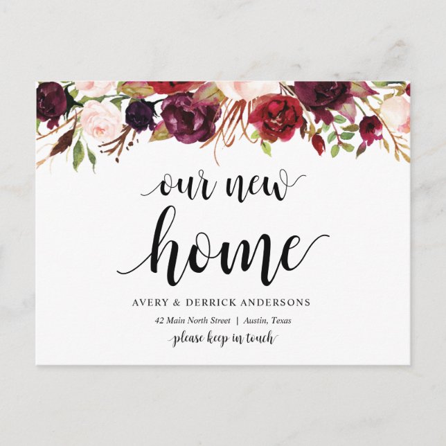 Burgundy floral, Our New Home Address Announcement Postcard (Front)