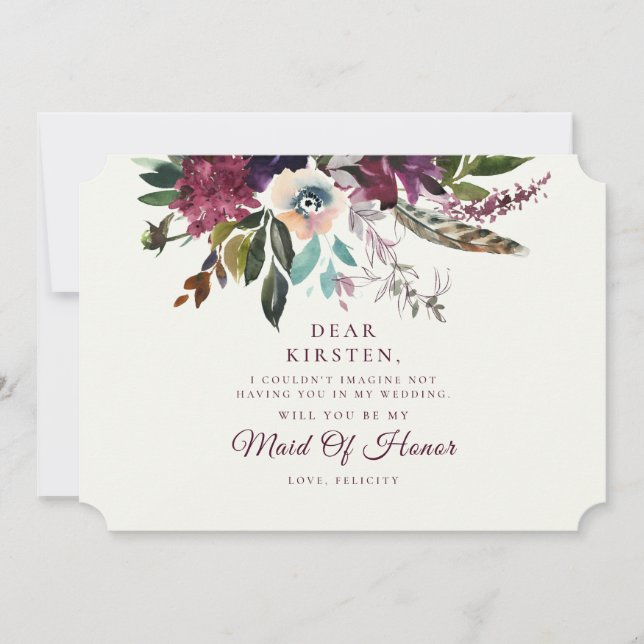 Burgundy Floral Over Ecru Maid Of Honour Proposal Invitation (Front)