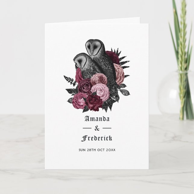 Burgundy Floral Owls Gothic Wedding Program (Front)