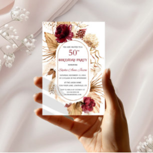 Burgundy Floral Pampas Grass Palm 50th Birthday Invitation