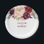 Burgundy Floral Paper Plate<br><div class="desc">Marsala - wine red flowers paper plates</div>