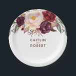 Burgundy Floral Paper Plate<br><div class="desc">Marsala - wine red flowers paper plates</div>