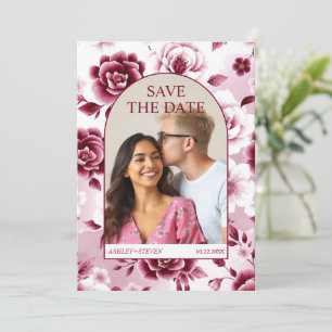 Burgundy floral patter, watercolor wash arch photo save the date