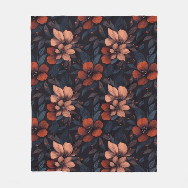 Burgundy floral pattern blooming flowers fleece blanket (Front)