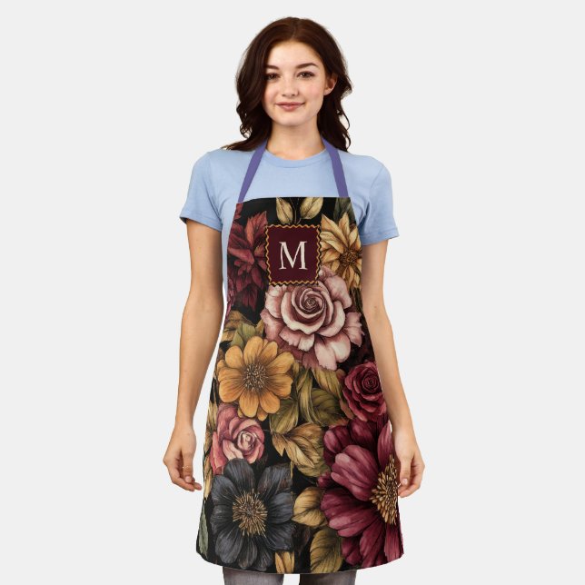 Burgundy  Floral Pattern Monogram Apron (Worn)