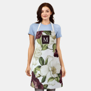 Burgundy  Floral Pattern Monogram Apron