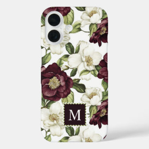 Burgundy Floral Pattern Monogram iPhone 16 Case