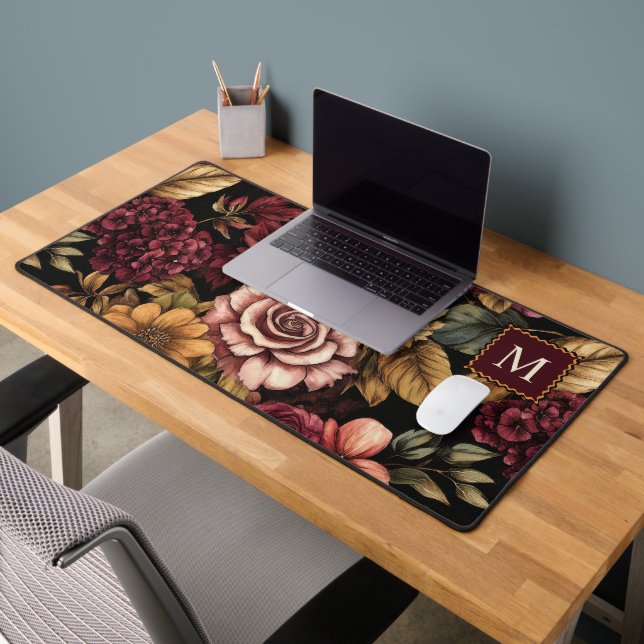 Burgundy  Floral Pattern Monogram Desk Mat (Office 2)
