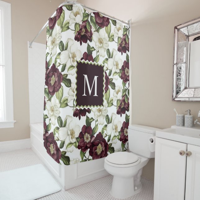 Burgundy  Floral Pattern Monogram  Shower Curtain (In Situ)