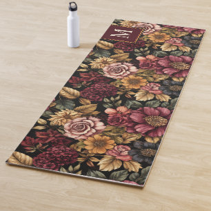 Burgundy  Floral Pattern Monogram Yoga Mat