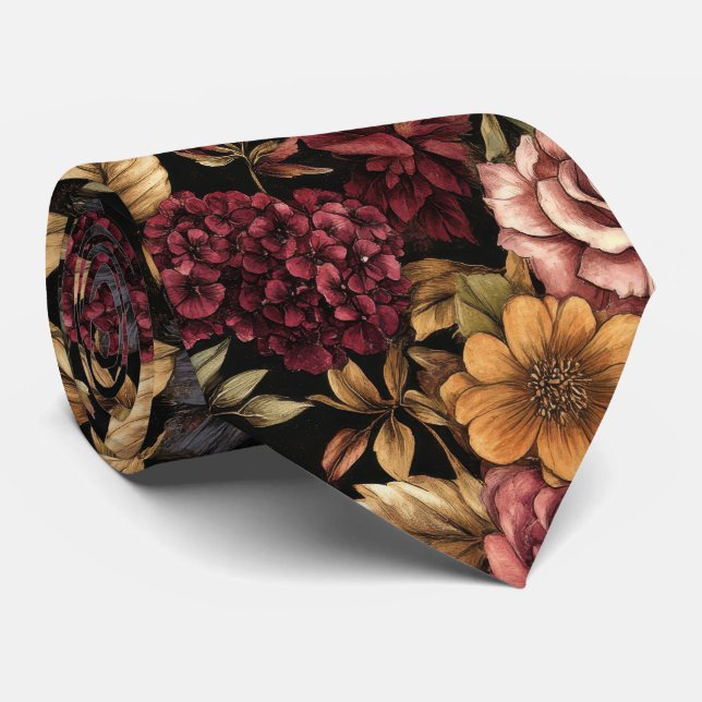 Burgundy  Floral Pattern  Tie (Rolled)