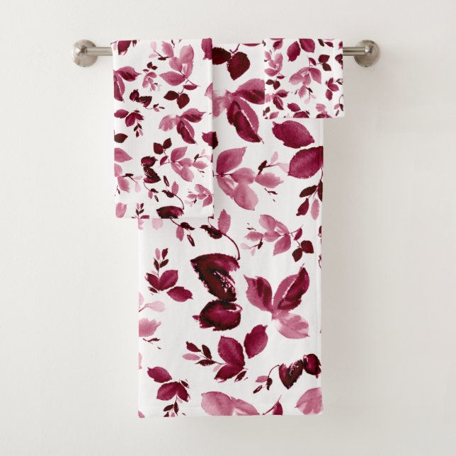 Burgundy Floral Pattern Watercolor Bath Towel (Insitu)