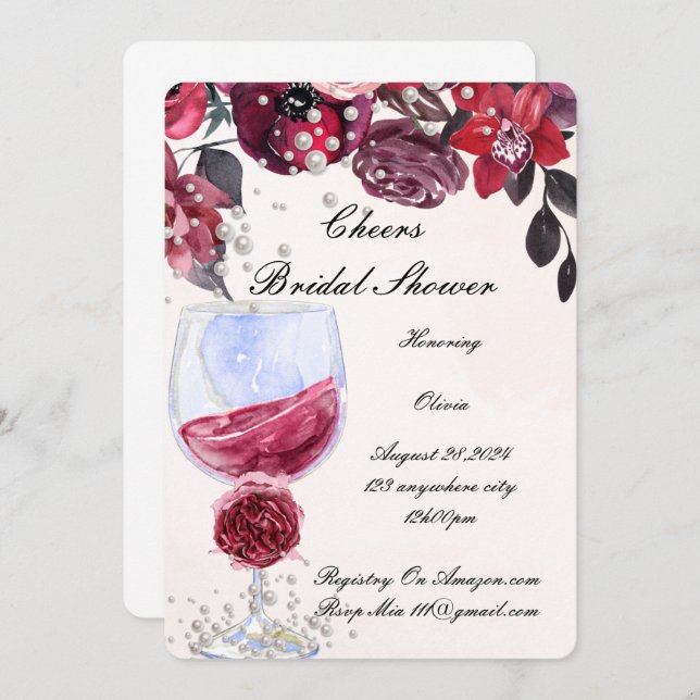 burgundy floral pearls bridal shower invitation (Front/Back)