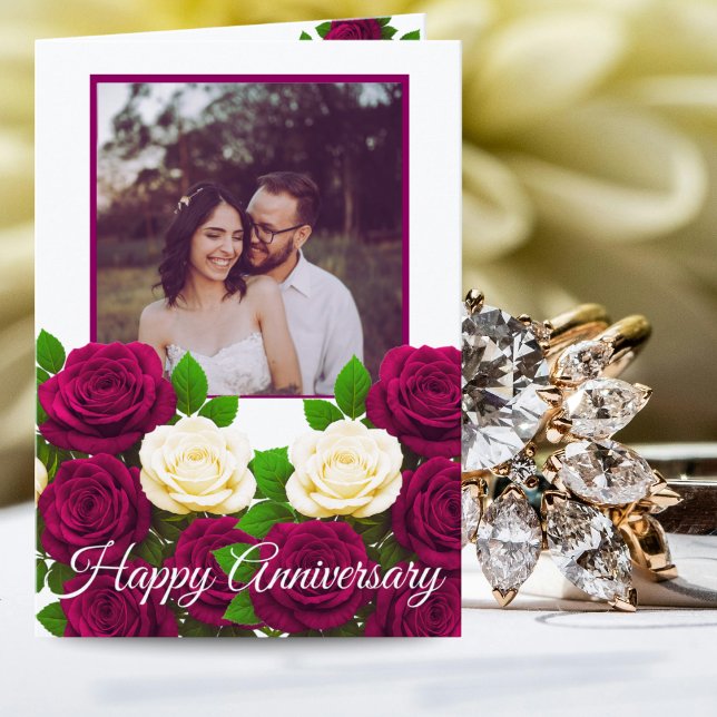 Burgundy Floral Photo 1st Anniversary For Couple Card (Creator Uploaded)