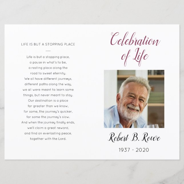 Burgundy Floral Photo Celebration of Life Program (Front)