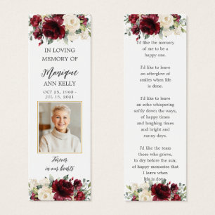 Burgundy Floral Photo Funeral Memorial Bookmark
