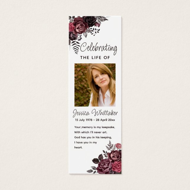 Burgundy Floral Photo Funeral Memorial Bookmark (Front)