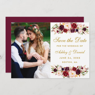 Burgundy Floral Photo Gold Save The Date