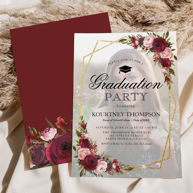 Burgundy Floral Photo Graduation Party Invitation (Creator Uploaded)