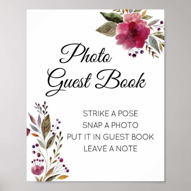 Burgundy Floral Photo Guest Book Wedding Sign (Front)