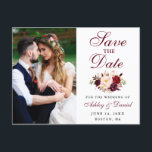 Burgundy Floral Photo Save The Date Postcard<br><div class="desc">Watercolor Burgundy Floral Photo Save The Date Engagement Announcement Postcard</div>