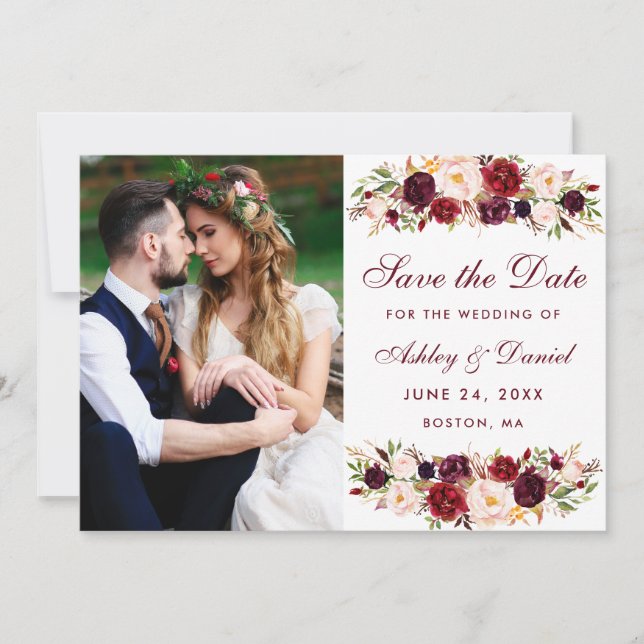 Burgundy Floral Photo Save The Date W (Front)