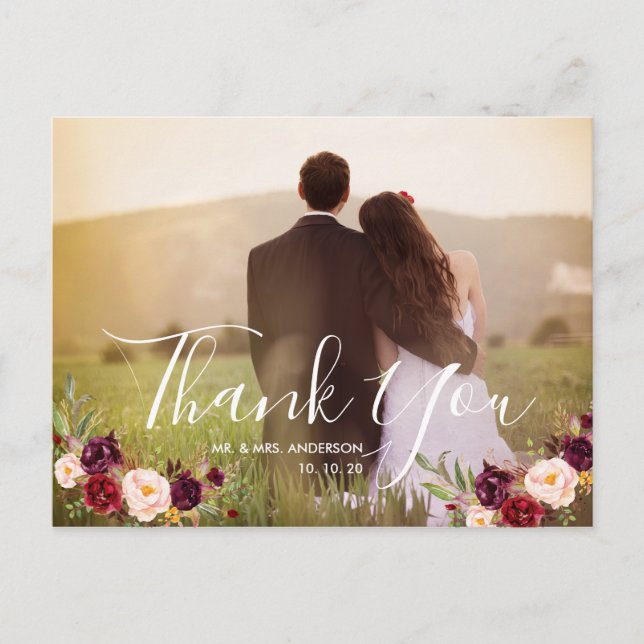 Burgundy Floral Photo Wedding Thank You Postcard (Front)
