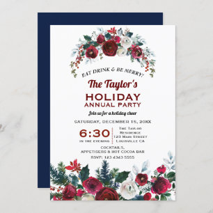 Burgundy Floral Pine Holiday Annual Party Invitation