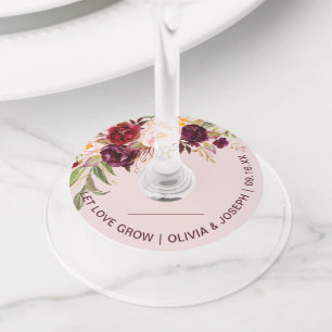 Burgundy Floral Pink Wedding with Name Wine Glass Tag