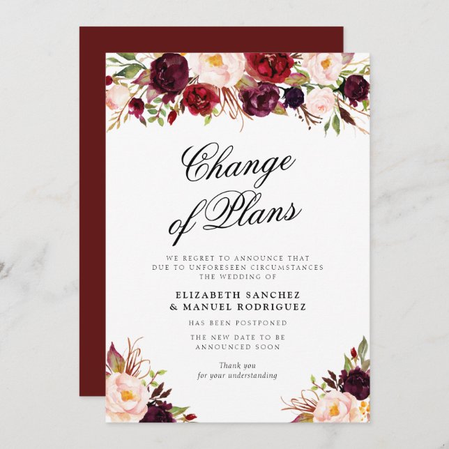 burgundy floral postponed wedding card (Front/Back)