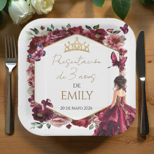 Burgundy Floral Presentación de 3 años Paper Plate
