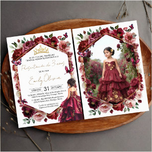 Burgundy Floral Presentación de 3 años Photo Invitation