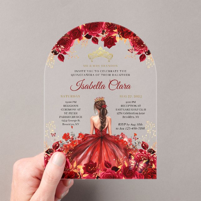 Burgundy Floral Princess Gold Quinceanera Acrylic Invitations (Insitu (Handheld))