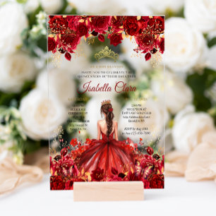 Burgundy Floral Princess Gold Quinceanera Acrylic Invitations