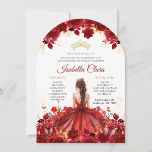Burgundy Floral Princess Gold Quinceanera Invitati Invitation