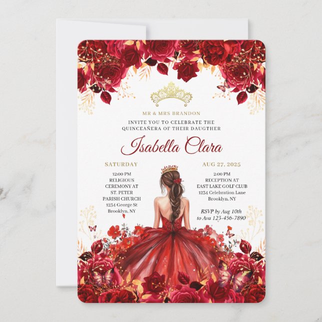 Burgundy Floral Princess Gold Quinceanera Invitati Invitation (Front)