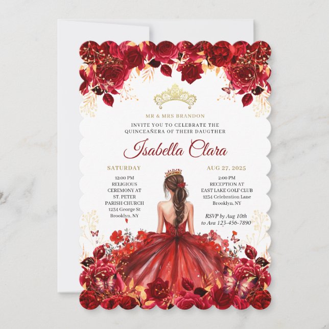 Burgundy Floral Princess Gold Quinceanera Invitati Invitation (Front)