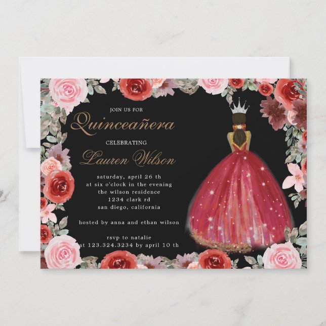 burgundy floral princess Quinceanera Invitation (Front)