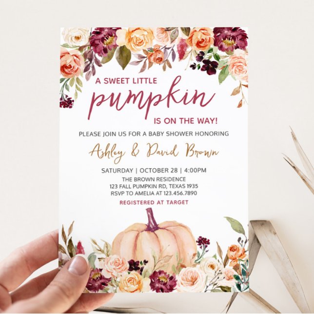 Burgundy Floral Pumpkin Baby Shower  Invitation (Marsala Burgundy Fall Pumpkin Baby Shower )