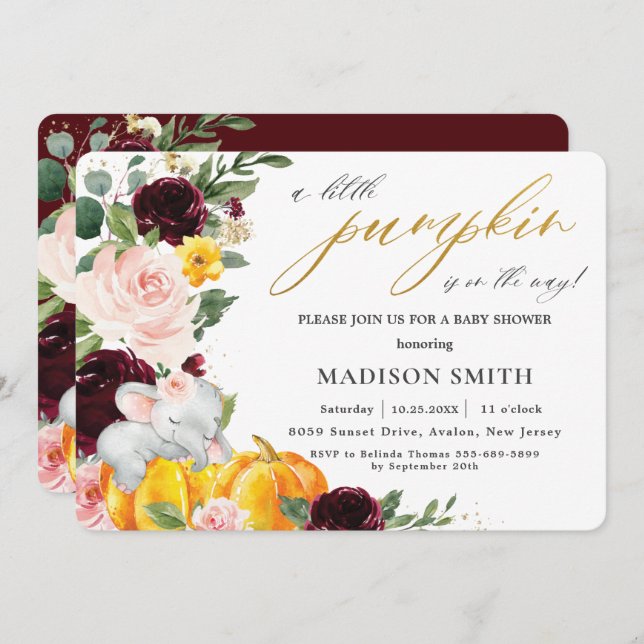Burgundy Floral Pumpkin Elephant Baby Shower    Invitation (Front/Back)