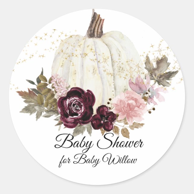 Burgundy Floral Pumpkin Pink Gold Baby Girl Shower Classic Round Sticker (Front)
