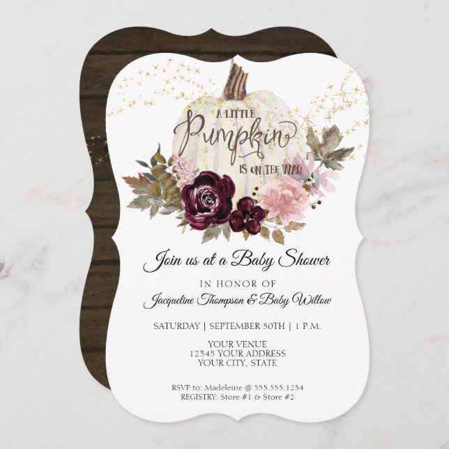 Burgundy Floral Pumpkin Pink Gold Baby Girl Shower Invitation (Front/Back)