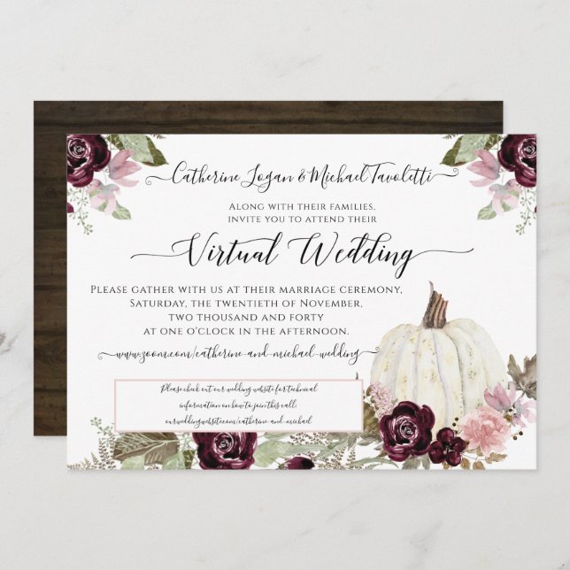 Burgundy Floral Pumpkin Rustic Virtual Wedding Invitation (Front/Back)