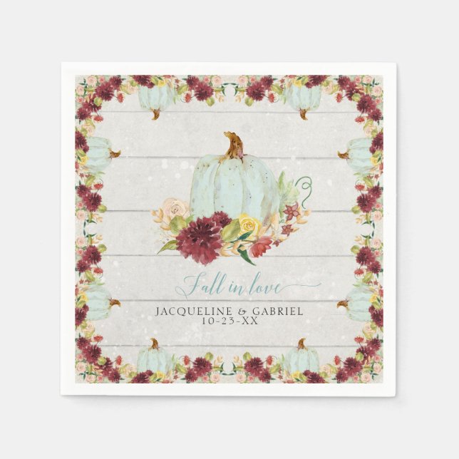 Burgundy Floral  Pumpkin Rustic Wood Fall in Love Napkin (Front)