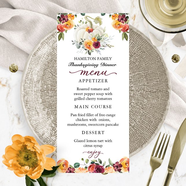 Burgundy Floral Pumpkin Thanksgiving Dinner Menu (Creator Uploaded)