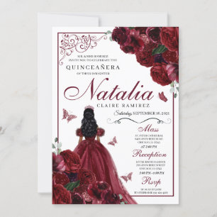 Burgundy Floral Quinceanera Birthday Invitation