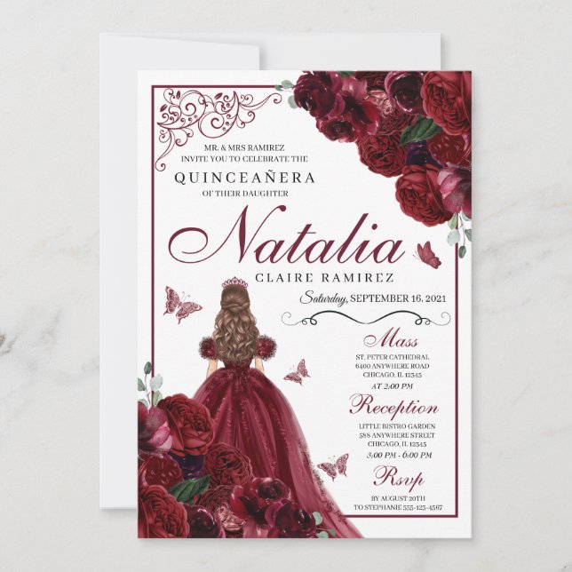 Burgundy Floral Quinceanera Birthday Invitation (Front)