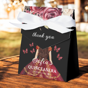Burgundy Floral Quinceañera Butterflies Favour Box