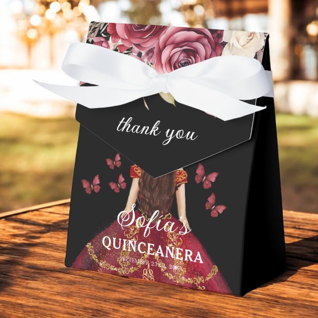 Burgundy Floral Quinceañera Butterflies Favour Box (Creator Uploaded)